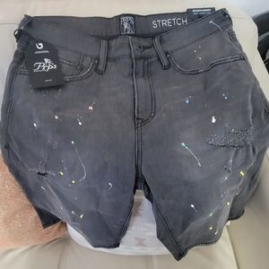 PRPS Black Stretch Jean Shorts with Paint-Splatter Accents